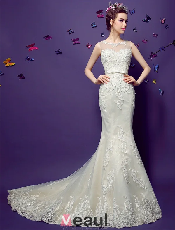 Scoop Sirène Cou Manches Appliques De Perles Dentelle Robes De Mariée