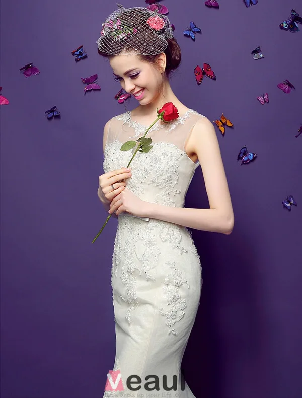 Scoop Sirène Cou Manches Appliques De Perles Dentelle Robes De Mariée
