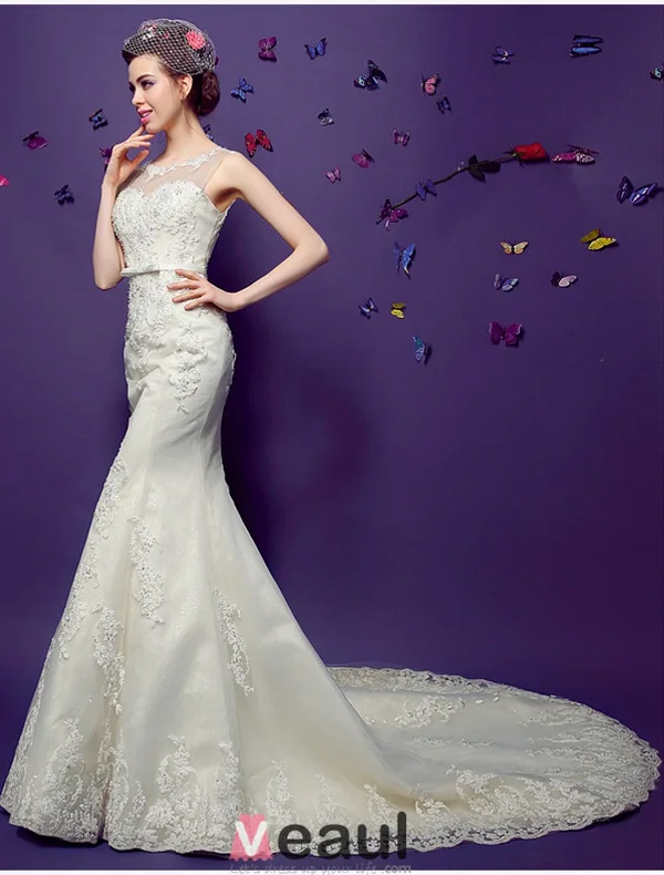 Scoop Sirène Cou Manches Appliques De Perles Dentelle Robes De Mariée
