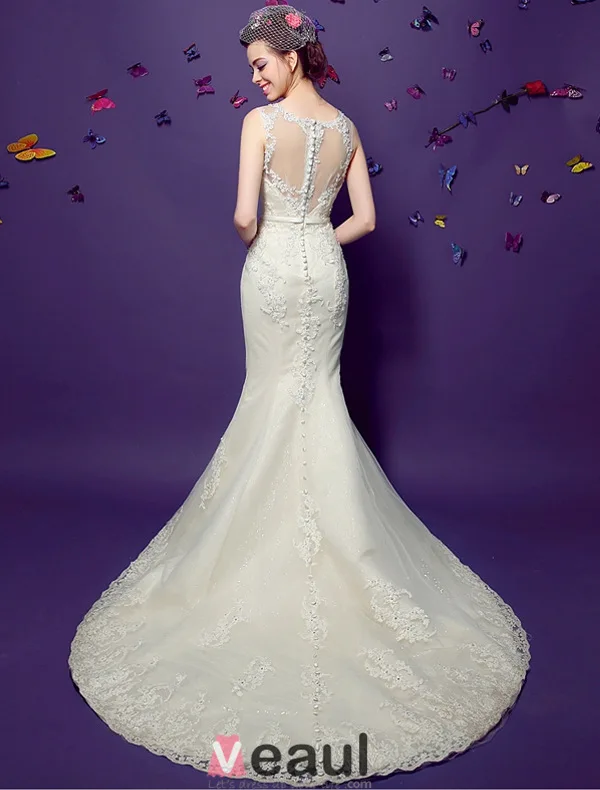Scoop Sirène Cou Manches Appliques De Perles Dentelle Robes De Mariée