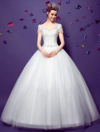 2015 Ball Gown Short Sleeves V Neck Beading Sequins Backless Organza Wedding Dress