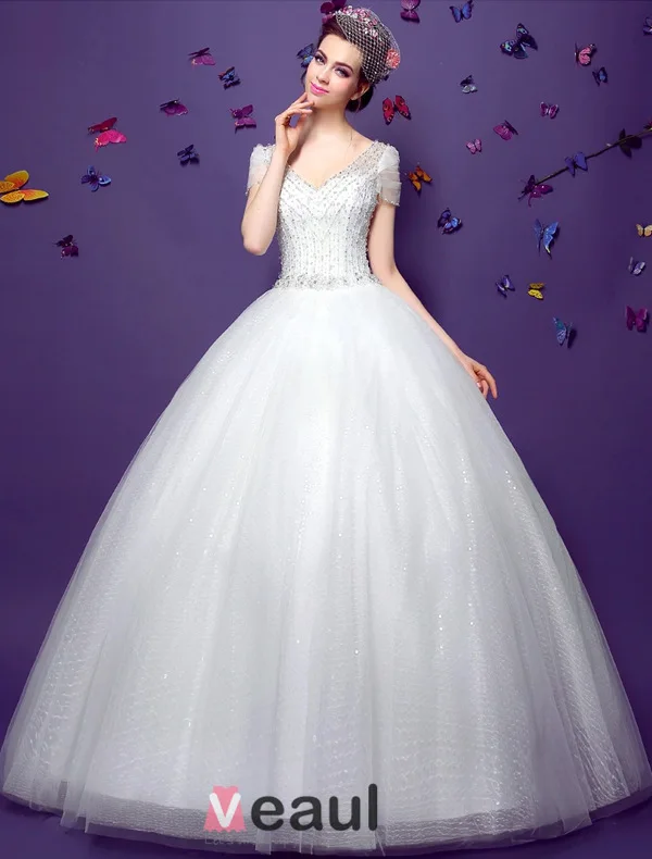 2015 Ball Gown Short Sleeves V-neck Beading Sequins Backless Organza Wedding Dress