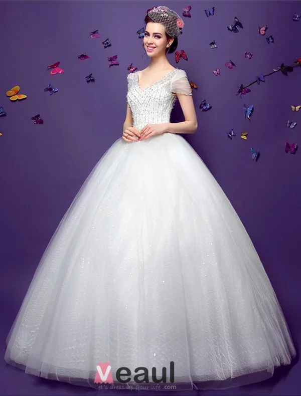 2015 Ball Gown Short Sleeves V-neck Beading Sequins Backless Organza Wedding Dress