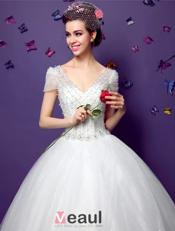 2015 Ball Gown Short Sleeves V-neck Beading Sequins Backless Organza Wedding Dress