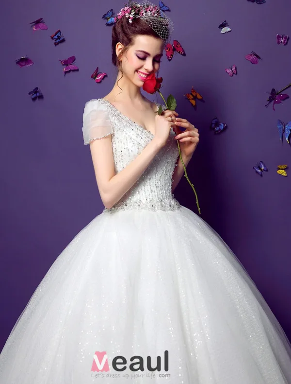 2015 Ball Gown Short Sleeves V-neck Beading Sequins Backless Organza Wedding Dress