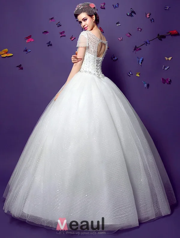 2015 Ball Gown Short Sleeves V-neck Beading Sequins Backless Organza Wedding Dress