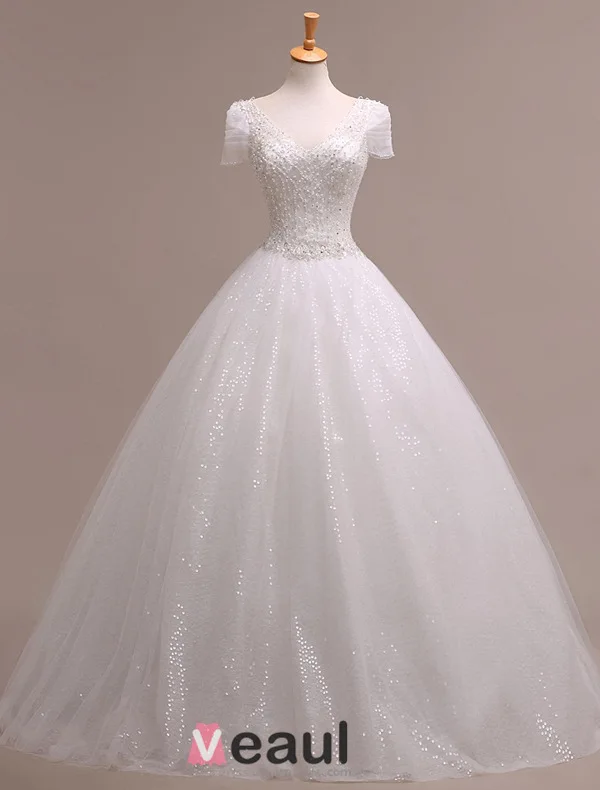 2015 Ball Gown Short Sleeves V-neck Beading Sequins Backless Organza Wedding Dress