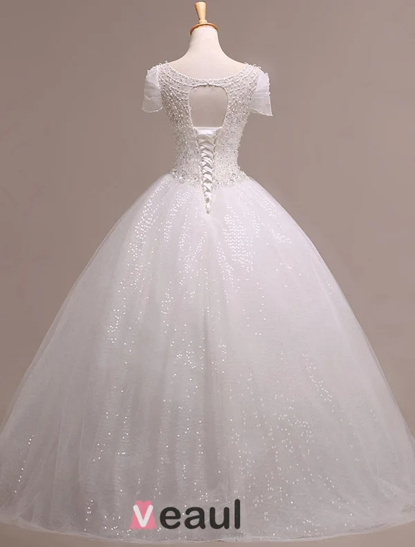 2015 Ball Gown Short Sleeves V-neck Beading Sequins Backless Organza Wedding Dress