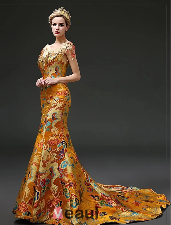 2015 Mermaid China Loong Robes / Cheongsam Embroidery Brocade Evening Dress Prom Dress
