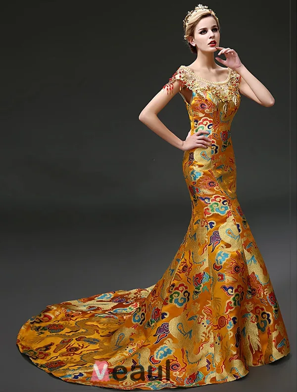 2015 Mermaid China Loong Robes / Cheongsam Embroidery Brocade Evening Dress Prom Dress