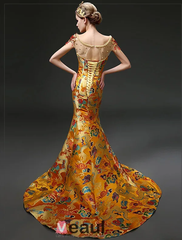 2015 Mermaid China Loong Robes / Cheongsam Embroidery Brocade Evening Dress Prom Dress