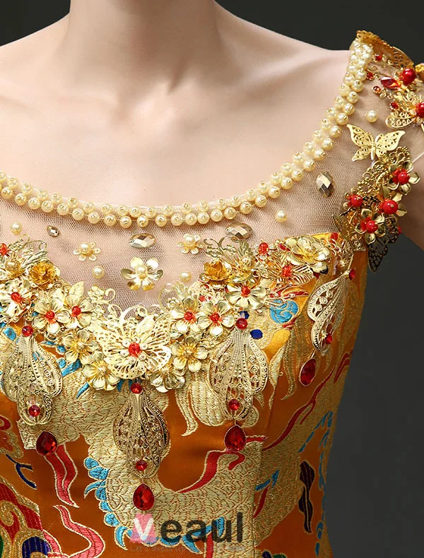 2015 Mermaid China Loong Robes / Cheongsam Embroidery Brocade Evening Dress Prom Dress