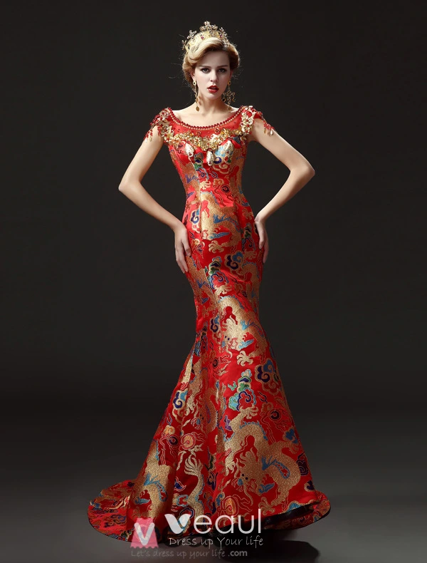 Chine Sirene Robes Loong Cheongsam Broderie Brocart Robe De Soiree Robe De Bal