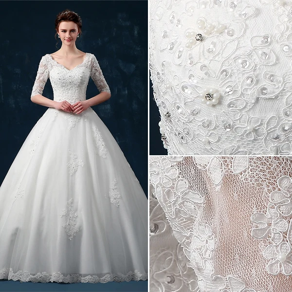 Baljurk Schouders 1/2 Mouw V-hals Kralen Applique Lace Trouwjurk