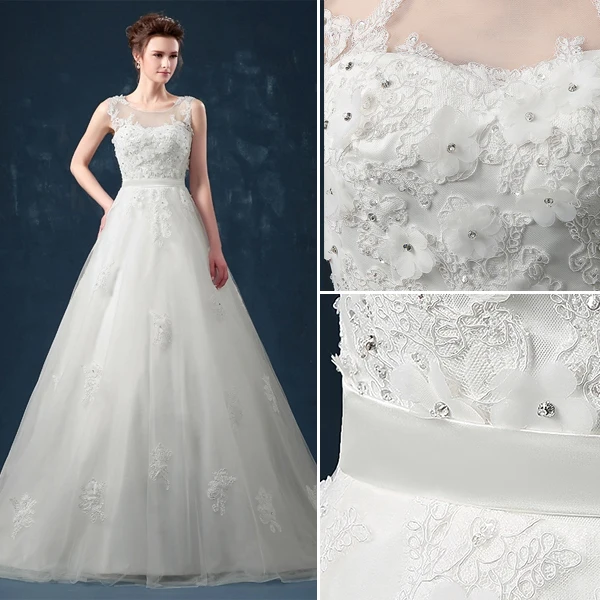 2015 A-line Shoulders Handmade Flowers Sash Applique Lace Wedding Dress