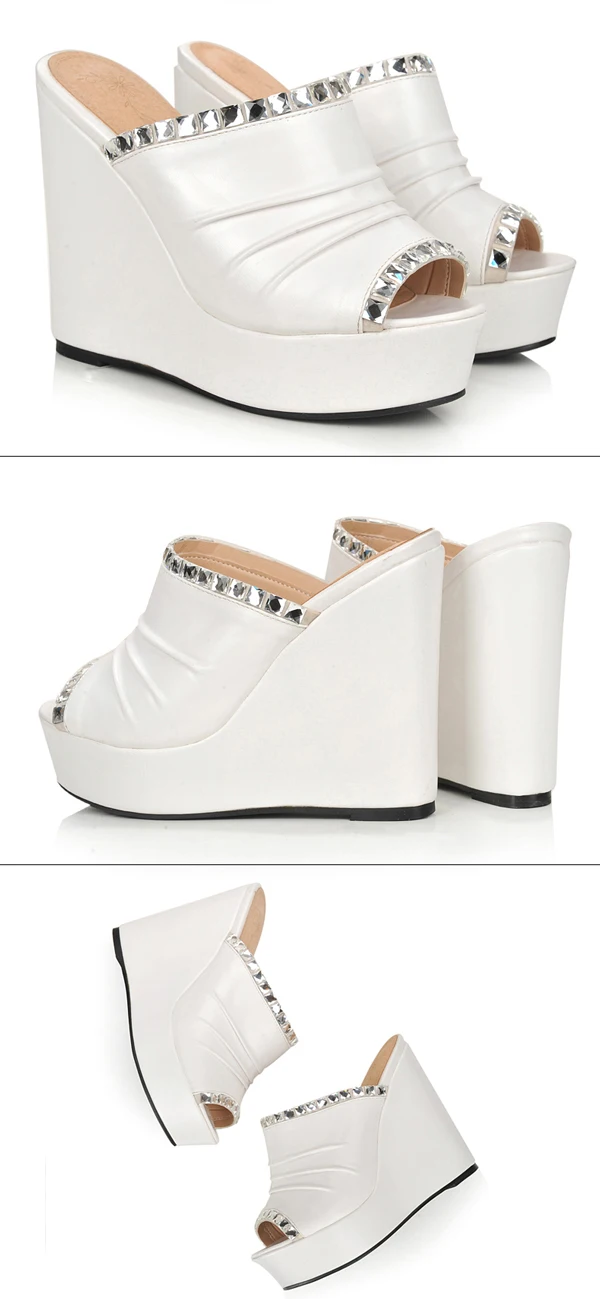 Chic White Wedge Heels Womens Sandals Leatherette Ladies Shoes With Rhinestone