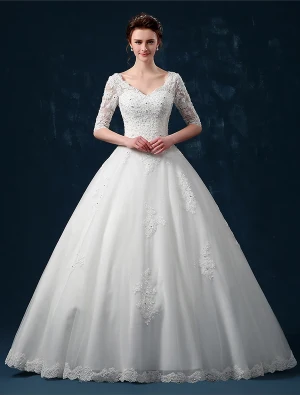 2015 Ball Gown Shoulders 1 2 Sleeves V Neck Beading Applique Lace Wedding Dress