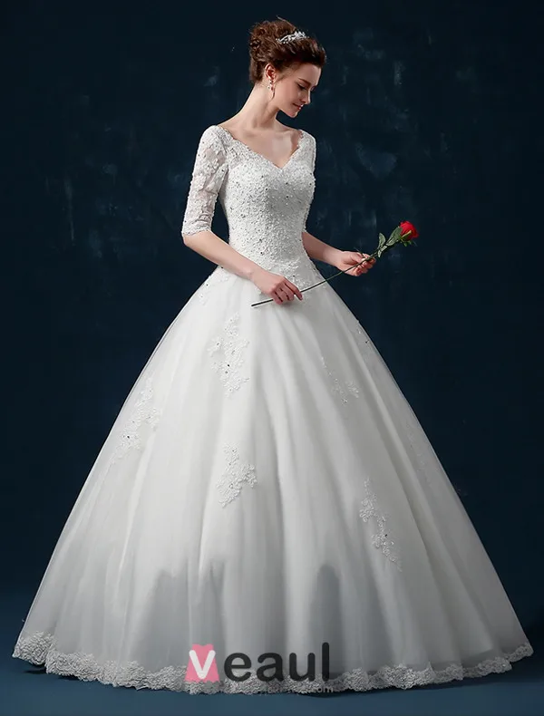 Baljurk Schouders 1/2 Mouw V-hals Kralen Applique Lace Trouwjurk