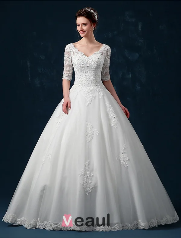 Baljurk Schouders 1/2 Mouw V-hals Kralen Applique Lace Trouwjurk