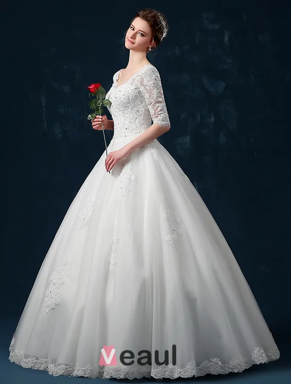 Baljurk Schouders 1/2 Mouw V-hals Kralen Applique Lace Trouwjurk