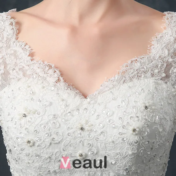 Baljurk Schouders 1/2 Mouw V-hals Kralen Applique Lace Trouwjurk