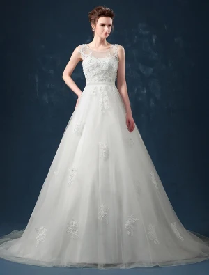 Une Ligne Épaules Fleurs À La Main Robe De Mariée En Dentelle Ceinture De Appliques