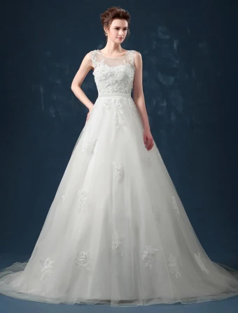 2015 A Line Shoulders Handmade Flowers Sash Applique Lace Wedding Dress