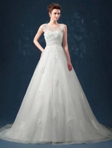 2015 A Line Shoulders Handmade Flowers Sash Applique Lace Wedding Dress
