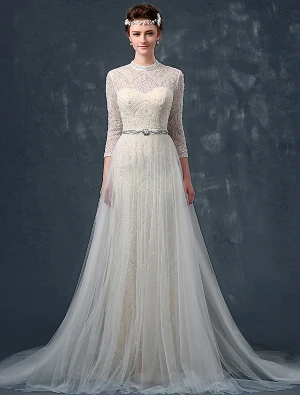 A Ligne Épaules Haute Qualité Dentelle Perles Perle Strass Robe De Mariée En Satin De Soie De Ceinture