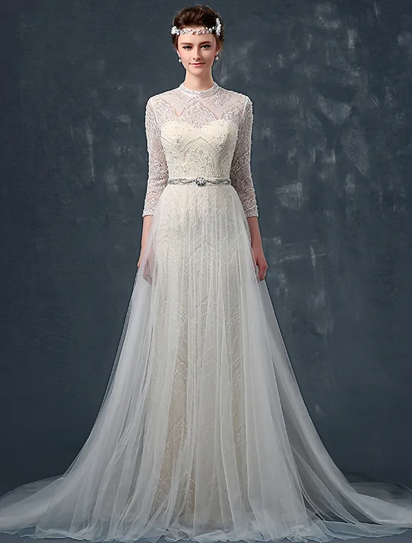 2015 A-line Shoulders High Grade Lace Beading Pearl Rhinestone Sash Silk Satin Wedding Dress