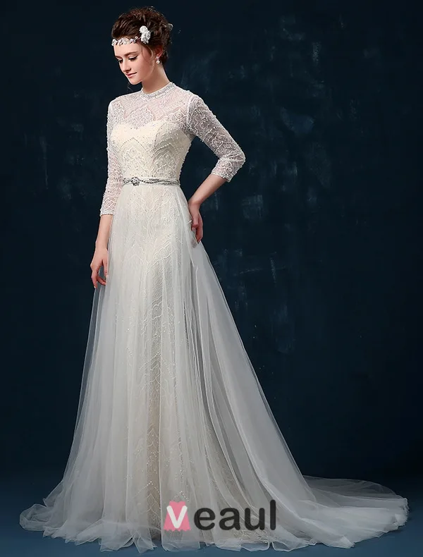 A-ligne Épaules Haute Qualité Dentelle Perles Perle Strass Robe De Mariée En Satin De Soie De Ceinture