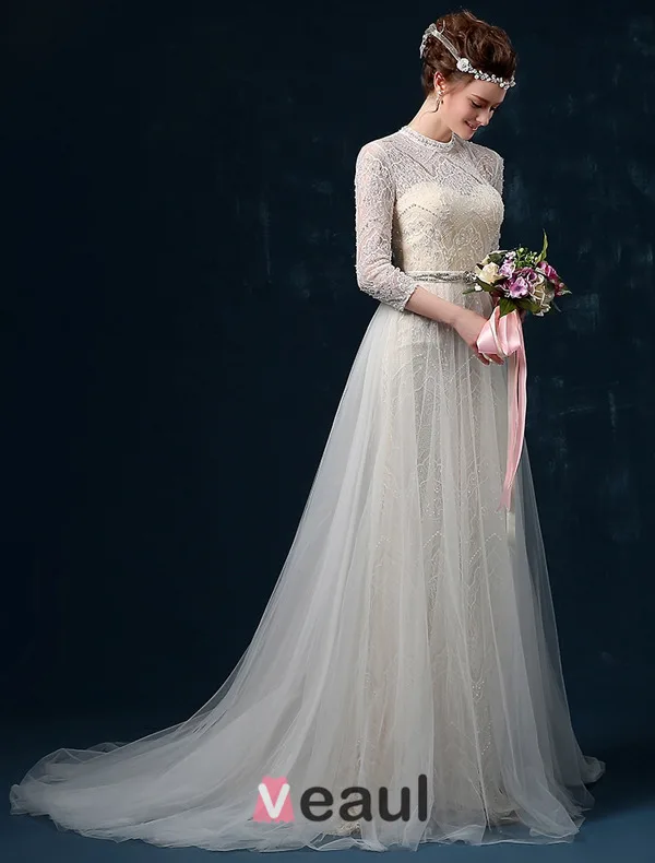 A-ligne Épaules Haute Qualité Dentelle Perles Perle Strass Robe De Mariée En Satin De Soie De Ceinture