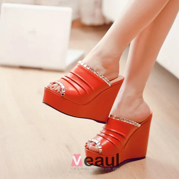 Chic White Wedge Heels Womens Sandals Leatherette Ladies Shoes With Rhinestone