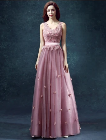 2015 A Line Shoulders V Neck Handmade Flower Appliques Lace Sash Prom Dress