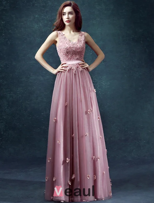 2015 A-line Shoulders V-neck Handmade Flower Appliques Lace Sash Prom Dress 2015 A-line Shoulders V-neck Handmade Flower Appliques Lace Sash Prom Dress