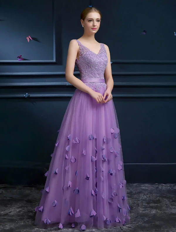 Elegant A-lijn Schouders V-hals Handgemaakte Bloem Appliques Kant Sjerp Galajurk