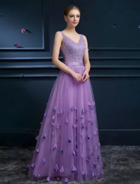 Tulle V-neck Handmade Flowers Pink Prom Dress Tulle V-neck Handmade Flowers Pink Prom Dress