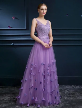 Elegante A Linjerene V Hals Håndlaget Blomst Appliques Snøre Sash Ballkjole
