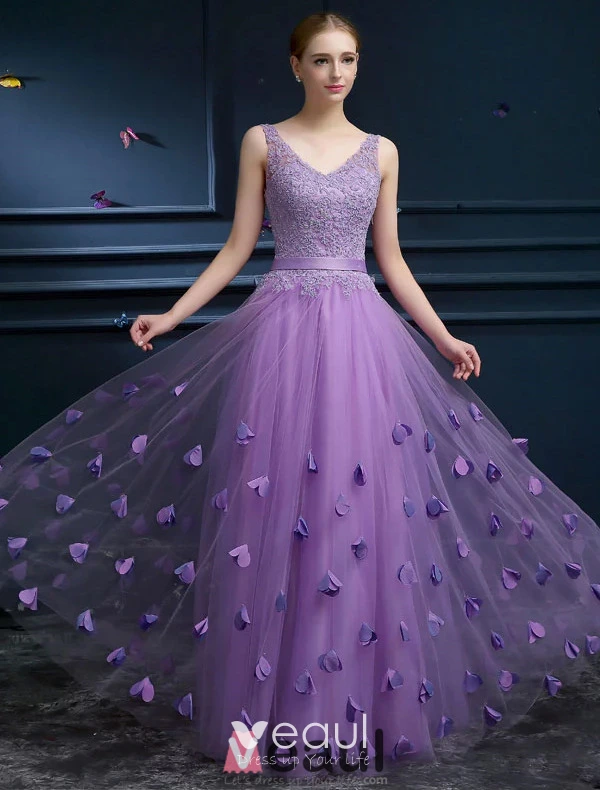 V-neck Sequin Tulle Handmade Flowers Prom Dresses V-neck Sequin Tulle Handmade Flowers Prom Dresses