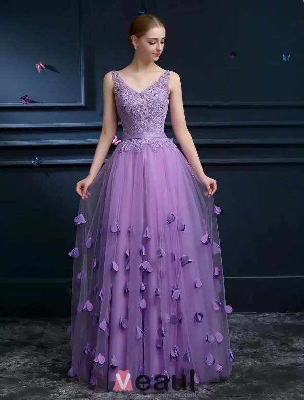Elegant A-lijn Schouders V-hals Handgemaakte Bloem Appliques Kant Sjerp Galajurk