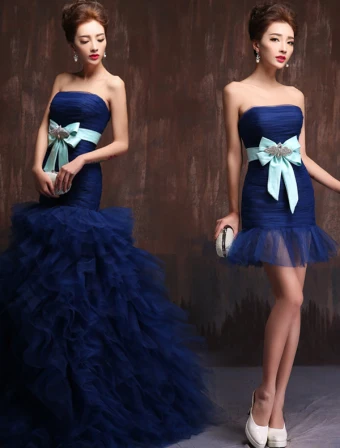 2015 Elegant Strapless Bow Sash Ruffles Royal Blue Prom Dress