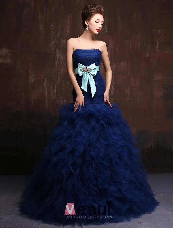 Élégants Volants Guillotine Bustier Noeud Royale Robe De Bal Bleue