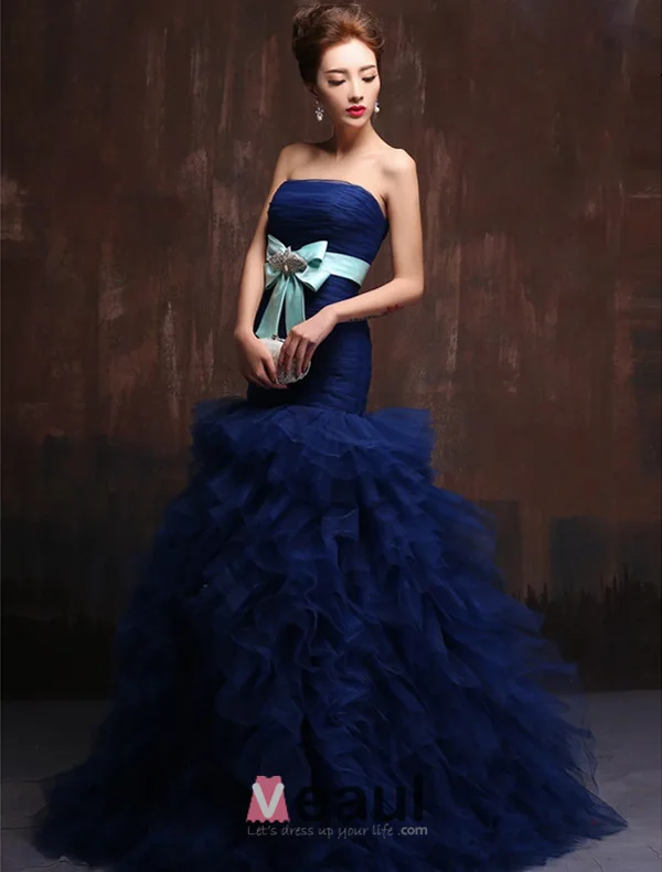 Élégants Volants Guillotine Bustier Noeud Royale Robe De Bal Bleue