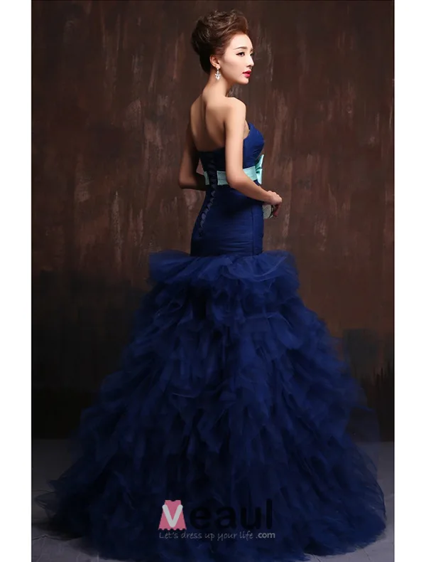 Élégants Volants Guillotine Bustier Noeud Royale Robe De Bal Bleue