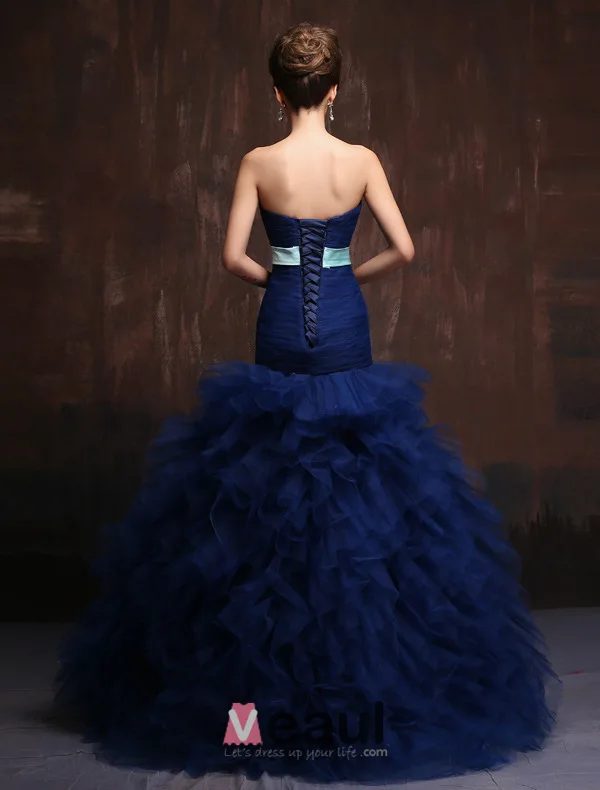Élégants Volants Guillotine Bustier Noeud Royale Robe De Bal Bleue
