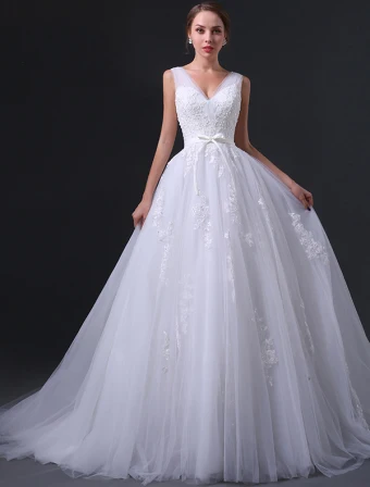 2015 A Line Shoulders V Neck Appliques Lace Bow Sash Organza Wedding Dress