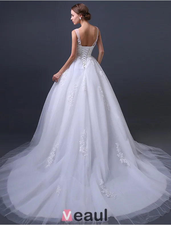 A-lijn Schouders V-hals Appliques Kant Buigen Sjerp Organza Trouwjurk