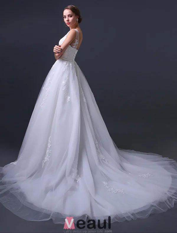 A-lijn Schouders V-hals Appliques Kant Buigen Sjerp Organza Trouwjurk