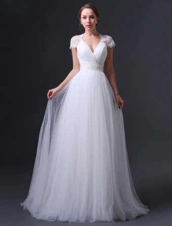 2015 Empire Shoulders V Neck Beading Sash Ruffles Wedding Dress