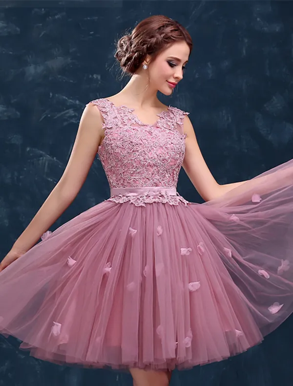 2015 Sweet Girl Shoulders V-neck Lace & Tulle Cocktail Party Dress